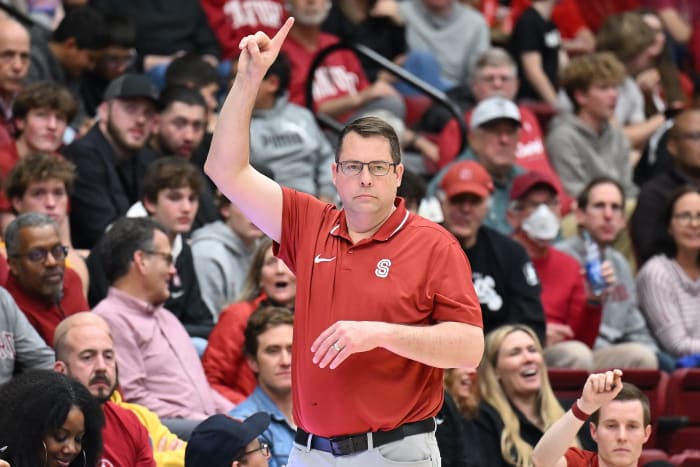 Feb 10, 2024; Stanford, California, USA; Stanford Cardinal head coach Jerod Haase instructs during the first half against the USC Trojans at Maples Pavilion. Mandatory Credit: Robert Edwards-USA TODAY Sports